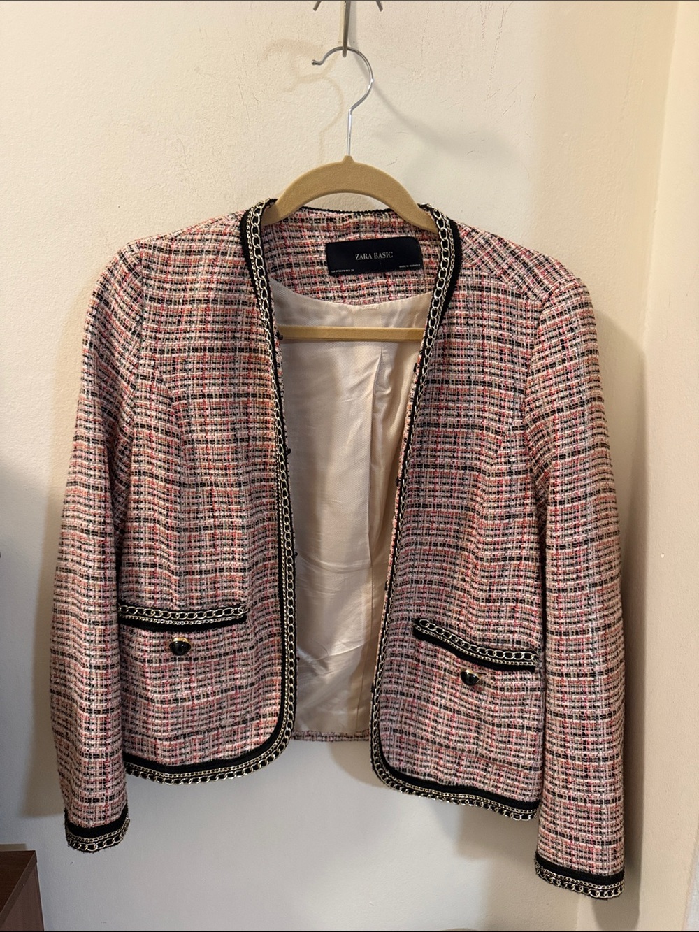 Zara Pink and Black Tweed Chain-Trim Jacket